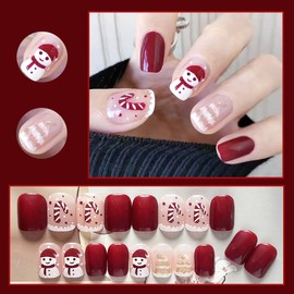 Folmywy Christmas Press on Nails 24pcs Short Almond Snowflake Red Fake Nail Glossy Artificial Nails Full Cover Xmas Detachable Manicure for Women and Girls