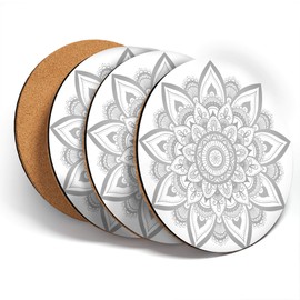 Destination Vinyl ltd Great Coasters (Set of 4) Round - BW - Indian Mandala Boho Yoga Drink Glossy Coasters/Tabletop Protection for Any Table Type #37939