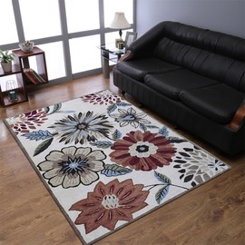Hand Tufted Wool ECO-Friendly Area Rugs - 5'x8', Rectangle Shape, Cream, Floral Modern Design, High Pile Thick Handmade Anti Skid Area Rugs for Living Room, Bed Room (K03066)
