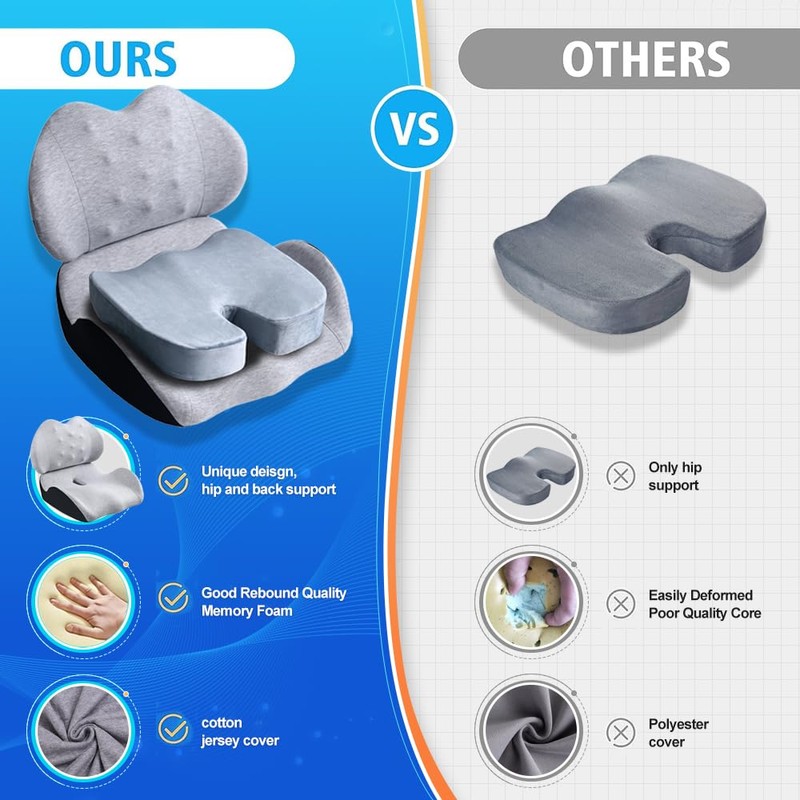 X Large Memory Foam Seat Cushion Lumbar Support Pillow for