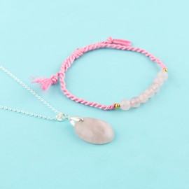 NJCRAFT Natural Rose Quartz Gemstone Pendant Necklace & Beads Braided Bracelet, AAA Quality Stones, Chakra Healing Crystals, Silver Plated Chain, Gift for Women, Size 18inch