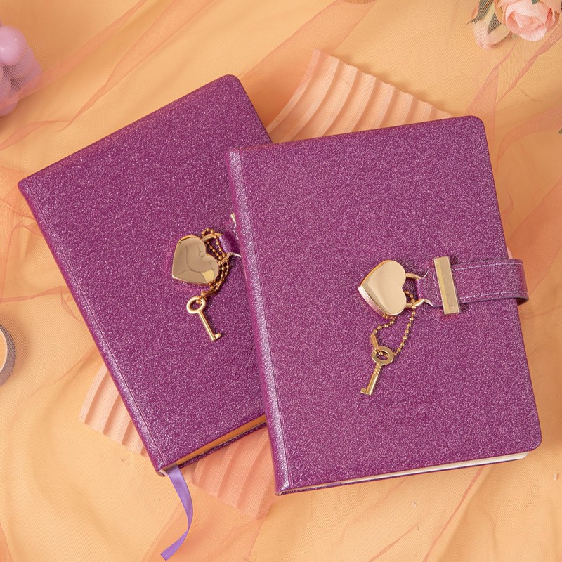 Heart Lock Journal Notebook with Key, Glitter Purple PU Leather