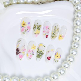 LBPEPAMZ 30Pcs Colorful Flower Press On Nails Medium Almond Fake Nails with 3D Water Drop Pearl Design Spring Summer Floral Gold Line False Nails Snails Dragonfly Butterfly Stick on Nails for Women