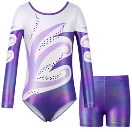 Hovershoes Three-Piece Gymnastics Leotards Set for Girls Sparkle Colorful Dancing Athletic Leotard with Glitter Tumbling Dance Shorts and Headband for Kids Teens 5 6 7 8 9 10 11 12 13 14T