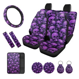 Baxinh Skull Printed Car Seat Covers 12 Piece Set, Easy Install Breathable Steering Wheel Cover, Armrest Pad Cover for Women Men, Purple