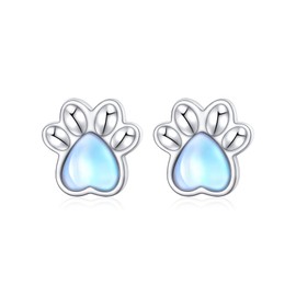 S925 Sterling Silver Puppy Dog Cat Pet Paw Print Created Moonstone Stud Earrings Jewelry for Women