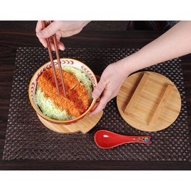 Happy Sales HSKM-RDCAT6, Japanese Kamameshi Vintage Style Rice Noodle Ramen Bowl with Bamboo Lid Trivet Chopsticks and Porcelain Spoon Bowl Set, Red Lucky Cat