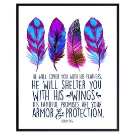 He Will Cover You With His Feathers Wall Art - Psalm 91 - Religious Scripture Bible Verse Wall Decor - Inspirational Christian Gifts for Women, Girls - Spiritual Home Decoration for Living Room