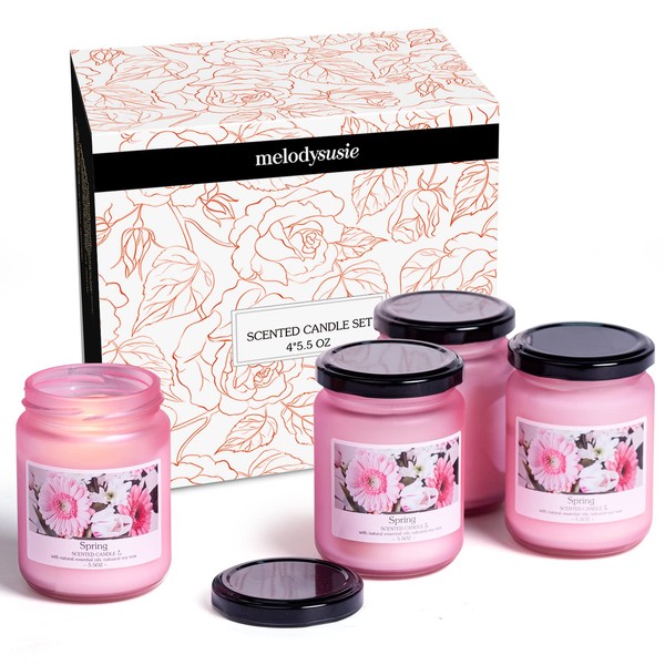 MelodySusie Scented Candles Gift Set for Women & Men, 4 Pack 180 Hours Burn, Natural Soy Wax Long Lasting Candles, Ideal Pink Gift for Girlfriend, Mom, Anniversary, Valentine's Day (Floral Fragrance)