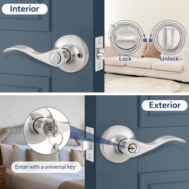EHOMEWARE 4 Pack Satin Nickel Door Handles Interior, Keyed Alike Door Levers with Lock and Keys, Reversible for Left or Right Handed Doors in Wave Style