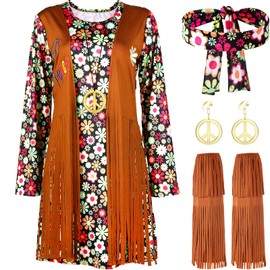 SATINIOR Women Hippie Costume Set Peace Sign Earring Necklace Headband Dress Ankle Socks (Black Floral,Medium)