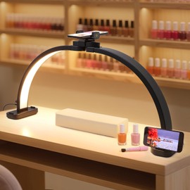 DLITISH Foldable Half Moon Light for Nail Tech Desk, 31in 45W Nail Desk Lamp with Phone Holder, Half Moon Table Lamp with Stepless Color Temperature Dimmable for Manicure (Black)