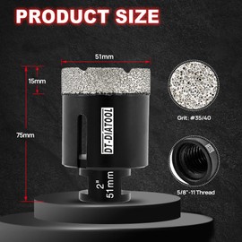 DT-DIATOOL Daimond Core Drill Bit 2 Inch Vaccum Brazed Hole Saw with 5/8"-11 Thread Drilling for Procelain Tile Ceramic Marble Granite Stone Brick