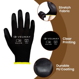 Velway 12 Pairs Safety Work Gloves - Firm Grip Gardening Gloves Non-Slip PU Coated Builders Gloves Lightweight Breathable Protective EN388 Mechanic Working Gloves for Men Women Black (Size 8/M)