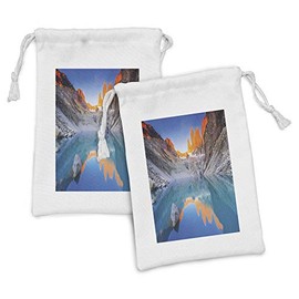 Ambesonne Colorful Fabric Pouch Set of 2, Reflection of Cliffs on Lake at Torres Del Paine National Park Image, Small Drawstring Bag for Toiletries Masks and Favors, 9" x 6", Azure Blue Multicolor