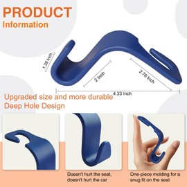 KULOLO Car Seat Hooks & Purse Holder - 4 Pack Boxed,55 lb Heavy Duty,Eco PP Car Hooks for Purse/Bag/Baby Gear/Gym Bag/Groceries/Cup/,Fits 0.32-0.55”Car Headrest Rods (Dark Blue)