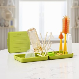 Travel Bottle Cleaner Kit with Extendable Liquid Silicone Bottle Brush, Nipple Brush, Straw Brush, Soap Dispenser, Drying Rack and Organizer Box, BPA Free - Green