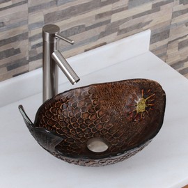 ELITE Atlantic Whale Pattern Tempered Glass Bathroom Vessel Sink & Brushed Nickel Single Lever Faucet