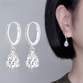 Sterling Silver Hoop Earrings for Women, Drop Hoop Earrings Silver CZ Huggie Hoops│Dangle Dangling Earrings with Teardrop Cubic Zirconia Hypoallergenic 10mm Hoop Earrings for Girls