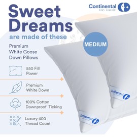 Continental Bedding 100% Luxury Down Pillows Queen Size Pack of 1 - Family Made in New York - Breathable Bed Pillows for Sleeping, Back, Side, Stomach Sleepers - 550FP Medium Firmness and Loft