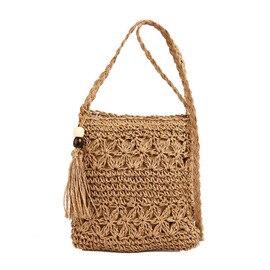 chausa Hippie Beach Bag Women's Summer Holiday Beach Bag with Fringes Made of Straw Crochet Bag Boho Straw Bag Women's Ideal for Beach Holidays Festivals and Summer Parties, brown