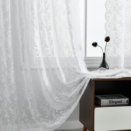 FINECITY White Lace Curtains 63 Inch Length, Country Branch Leaf Scalloped Floral Lace Sheer Curtains for Bedroom, Privacy Vintage Lace Curtain Panels for Windows, 52 x 63 Inch, White, 1 Pair