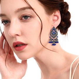 Boho Chandellier Jhumka Statement Dangle Earrings for Women Vintage Large Flower Ball Bead Tassel Drop Dangling Earring Indian Bollywood Jewelry Holiday Festival Christmas (Silvery-Blue)