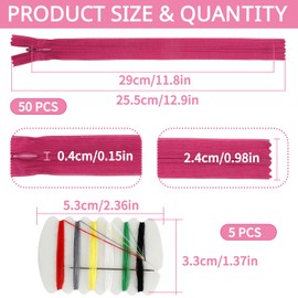 KQDRAVINE Pack of 50 Nylon Zips for Sewing and Crafts, 10 Colours Zip 29 cm with 5 Sewing Bags, 2.4 cm Wide Replacement Zip for Sewing Craft Clothing Bag Cushion Cover DIY