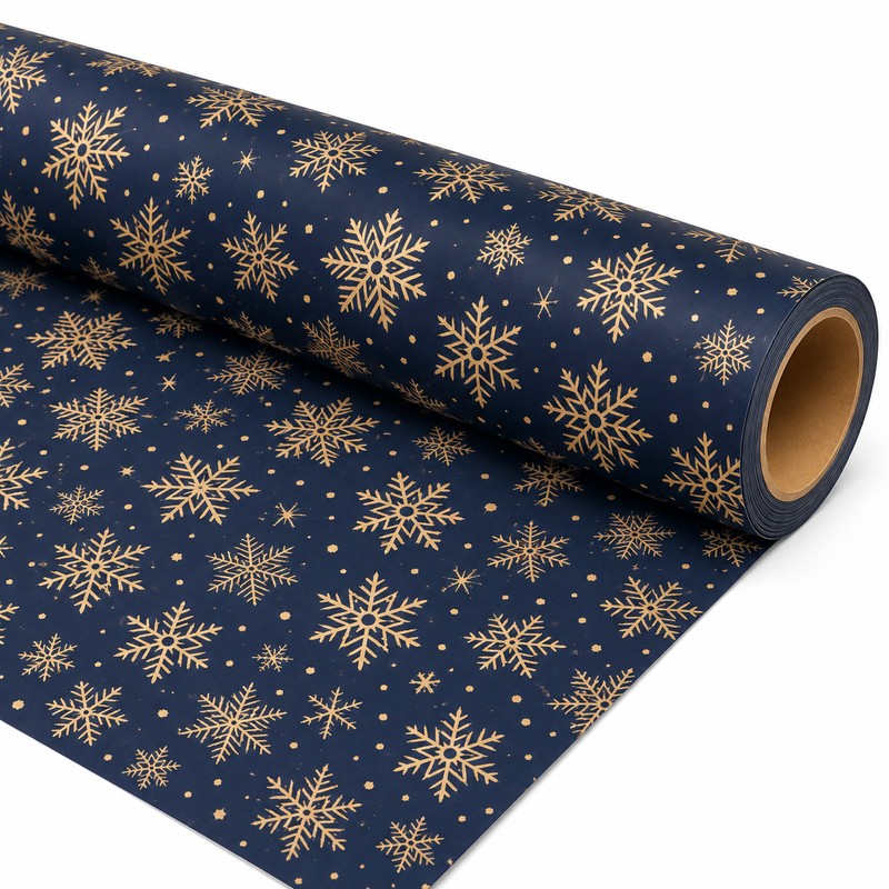 Snowflake Wrapping Paper Roll for Holiday Gifts – Double-Sided Navy
