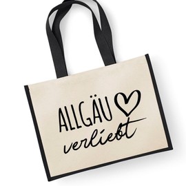 HUURAA Jute Bag Allgäu in Love Carry Bag Black 21 Litres with Name of Your Favourite Region Gift Idea for Friends and Family, multicoloured