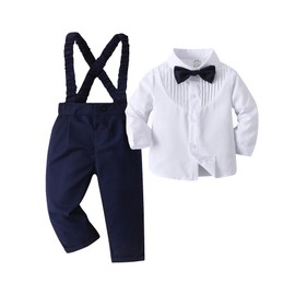 Boarnseorl Baby Boys Gentleman Outfits Pants Sets,Infant Shirt + Pants + Bow Tie + Suspenders,18-24M
