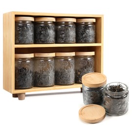 2-Layer Bamboo Tea Organizer Rack With 8 Vintage Glass Jar, 17 & 23.7 Oz Tea Tins with Airtight Lids for Loose Leaf Tea Storage, Glass Food Storage Containers for Coffee Candy Spices Nut Cereals