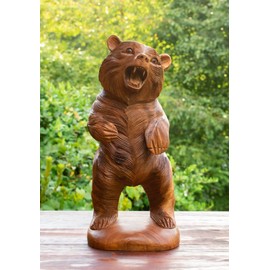 G6 Collection 12" Wooden Hand Carved Grizzly Bear Standing Statue Handcrafted Handmade Figurine Sculpture Art Rustic Lodge Cabin Outdoor Indoor Decorative Home Decor Accent Decoration Standing Bear