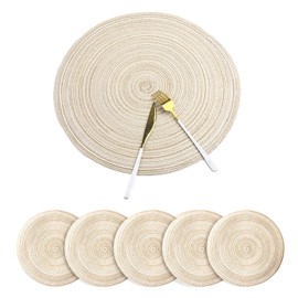 Fachoige 12 Inch Round Placemats for Dining Table Set of 6 Braided Fabric Round Table Placemat Table Mats Washable Round Braided Placemats for Dining Table Heat Insulation Kitchen Table Mats (Beige)