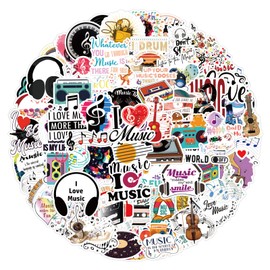 110Pcs Music Vinyl Stickers – Retro Music Notes, Instruments, and Band Elements for Teens and Adults, Great for Decorating Laptops, Guitars, Journals, Skateboards, Helmets, Bottles, Luggage