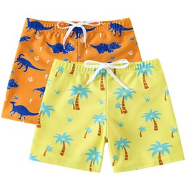 MTXXTZ Little Boys Swim Trunks Toddler Breathable Bathing Suit Hawaii Quick Dry Swimwear Beach Swim Shorts Yellow Coconut Tree and Dinosaur 2 Pack L 3-4T