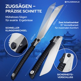 Falkenwald Folding Japanese Saw - Wood Saw + 2 x Saw Blades 7TPI, 17TPI + Bag - Ideal for Working Wood - Hand Saw for Cross Section and Longitudinal Cut - Woodworking Tools