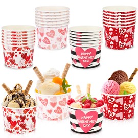 HOWAF 24pcs Valentine's Day Party Supplies Ice Cream Bowls, Valentine Day Disposable Treat Snack Cups for Sundae Hot or Cold Food Happy Valentine's Day Paper Party Cup 8 oz Paper Yogurt Dessert Bowls