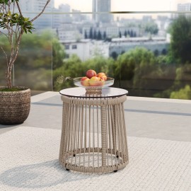 GDF Studio Outdoor Modern Patio Accent End Table Small Side Table Handwoven Rope Drum