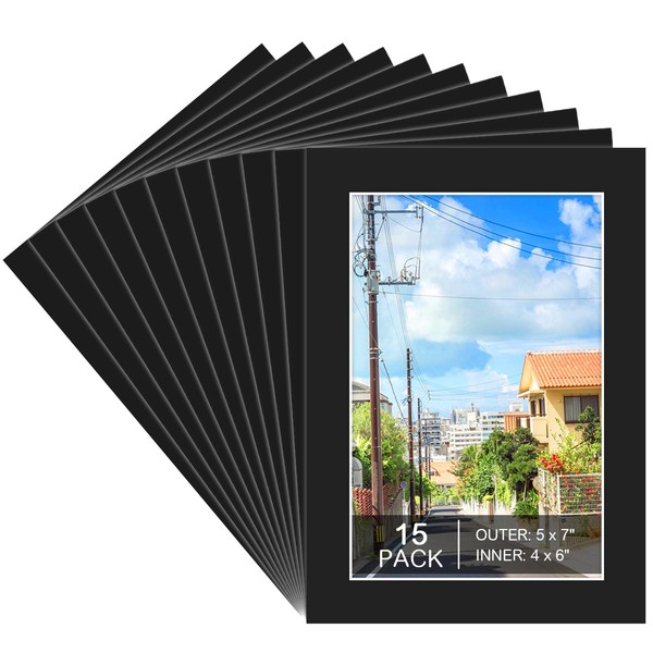 15 Pack 5x7 Black Picture Mats, Frame Mattes for 4x6