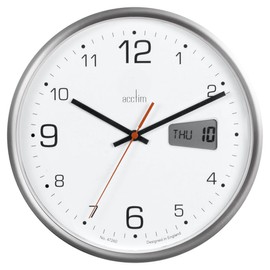 Acctim Kalendar Wall Clock Non-Ticking Sweep LCD Digital Display Energy Efficient Silver 27cm