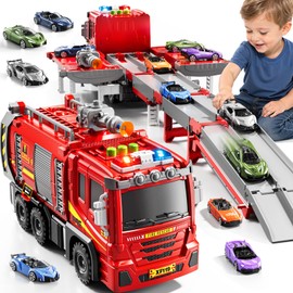 Firetruck Toys 3-5 Years Old, Fire Truck Car Carrier Toy Race Track