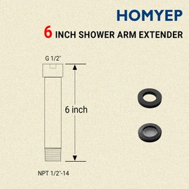 HOMYEP Black Shower Arm Extender 6 Inch Straight Extension Arm for Rainfall and Handheld Shower Head Combo, Female to Male NPT 1/2 Inch Shower Pipe, Matte Black