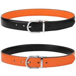 Falari Women Reversible Belt Genuine Leather Fashion Dress Belt With Single Prong Buckle 6027 (Black/Orange, S (fit waist 26-30))