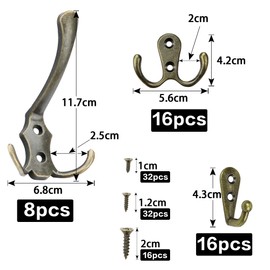 Coat Hooks Wall 40 Pieces Coat Hooks Vintage 16 Hooks for Screws 16 Double Wall Hooks 8 Three Key Hooks Bronze Coat Hooks Wardrobe Retro with 80 Screws for Bathroom Kitchen Office Bedroom