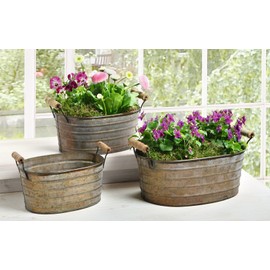 Set of 3 Antique Design Metal Tubs with Wooden Handles, Flower Pot, Planter, Planter, Garden Decoration for Outdoor Use