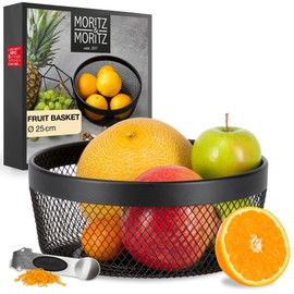 Moritz & Moritz Modern White Metal Fruit Bowl 10" - Scandinavian Wire Basket for Kitchen, Gifts, Fruits, Vegetables, Bread - Includes 4-in-1 Citrus Peeler, Black