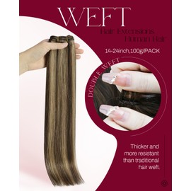 Moresoo Weft Hair Extensions Dark Brown with Honey Blonde Sew in Hair Extensions Human Hair Straight 100G 14inch
