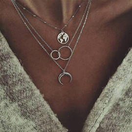 Wendalern Layered Moon Pendant Necklace Boho Satellite Necklace Silver Interlocking Circle Necklace Crescent Moon Beads Necklace Jewellery for Women and Girls, Silver Pearl, Pearl