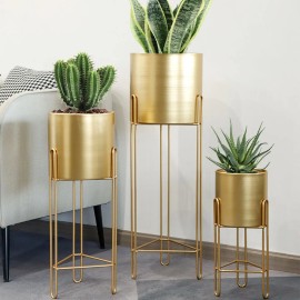 Set of 3 Metal Flowerpot Golden Flower Pot Indoor Balcony Plant Flower Pot Floor Flower Stands Planter for Home Decorcolor: Gold, Size: 15.5*30/20*45/24*73 cm
